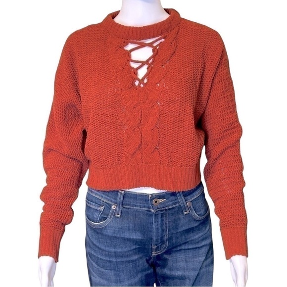 Derek Heart Juniors Terracotta Crop Crisscross Cable Knit Sweater Size-S NWT - Picture 1 of 7